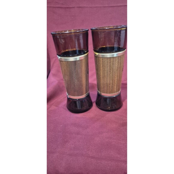 2 Vintage Siesta Ware MCM Amber With Wood Trim Glasses Tiki Bar Brown Gold Tone - Picture 4 of 6